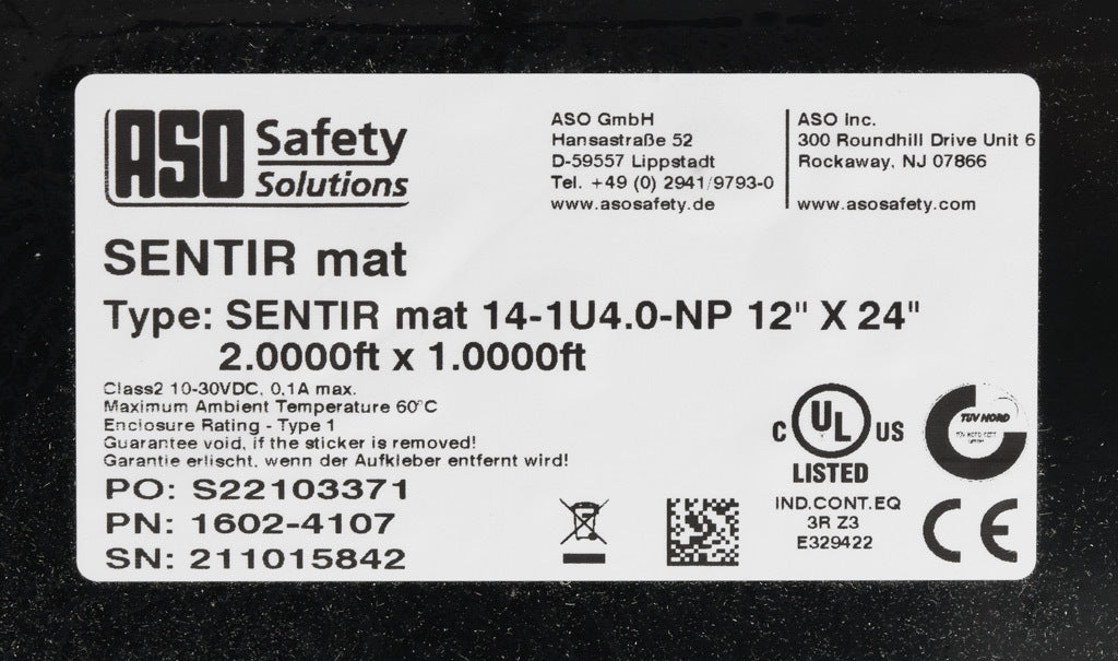 ASO Safety Solutions safety contact mat, 12 x 24in, straight edge, 24 VAC/VDC operating voltage, polyurethane contact surface, black, IP65, 4.7in/120mm cable length, (1) 3-pin male M8 connector and (1) 3-pin female M8 connector.-1602-4107