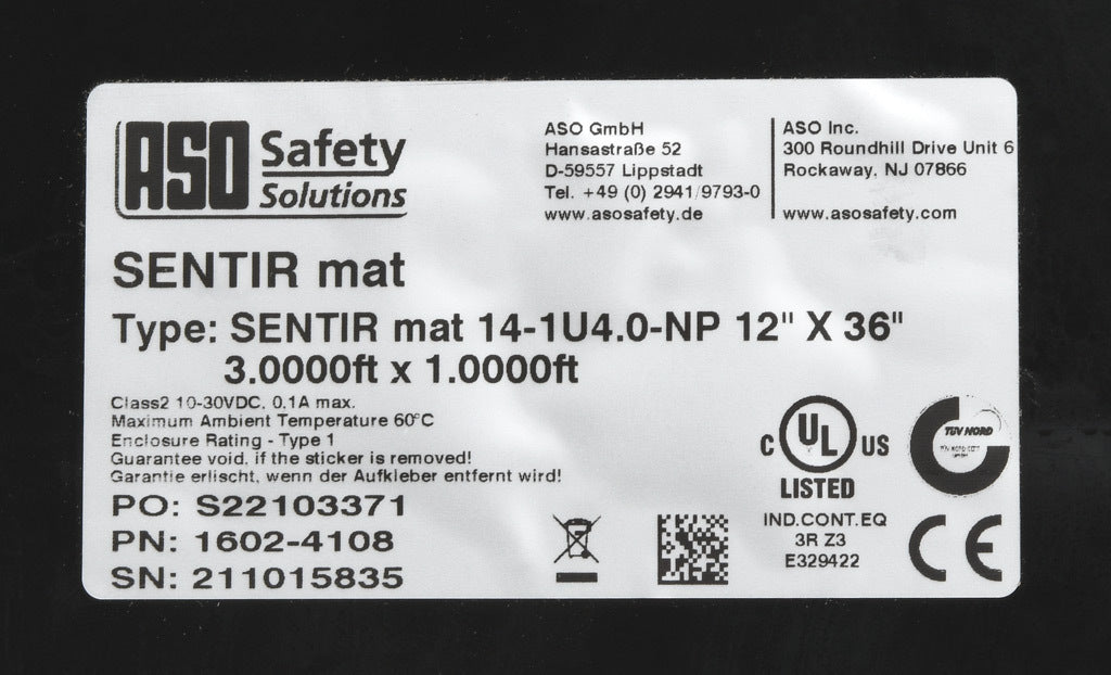 ASO Safety Solutions safety contact mat, 12 x 36in, straight edge, 24 VAC/VDC operating voltage, polyurethane contact surface, black, IP65, 4.7in/120mm cable length, (1) 3-pin male M8 connector and (1) 3-pin female M8 connector.-1602-4108