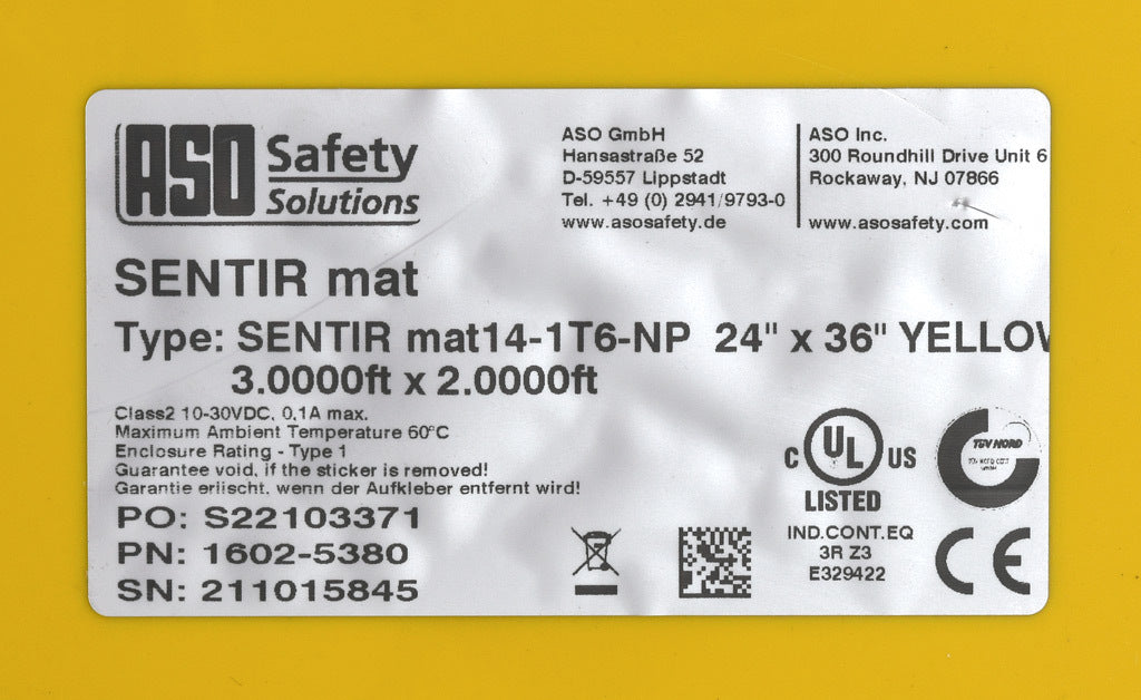ASO Safety Solutions safety contact mat, 24 x 36in, integrated taper edge, 24 VAC/VDC operating voltage, polyurethane contact surface, yellow, IP65, 19.6ft/6m cable length, pigtail.-1602-5380
