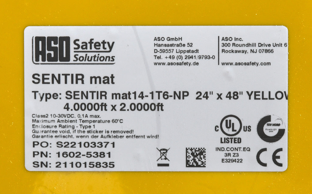 ASO Safety Solutions safety contact mat, 24 x 48in, integrated taper edge, 24 VAC/VDC operating voltage, polyurethane contact surface, yellow, IP65, 19.6ft/6m cable length, pigtail.-1602-5381
