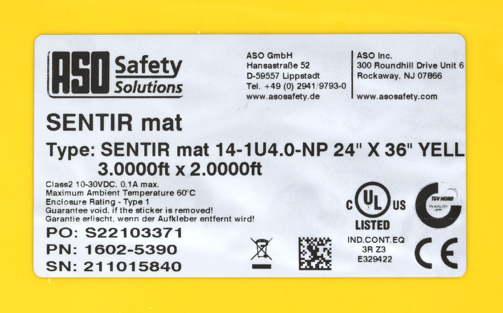 ASO Safety Solutions safety contact mat, 24 x 36in, straight edge, 24 VAC/VDC operating voltage, polyurethane contact surface, yellow, IP65, 4.7in/120mm cable length, (1) 3-pin male M8 connector and (1) 3-pin female M8 connector.-1602-5390