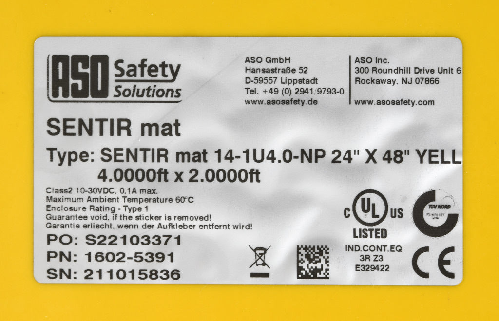 ASO Safety Solutions safety contact mat, 24 x 48in, straight edge, 24 VAC/VDC operating voltage, polyurethane contact surface, yellow, IP65, 4.7in/120mm cable length, (1) 3-pin male M8 connector and (1) 3-pin female M8 connector.-1602-5391