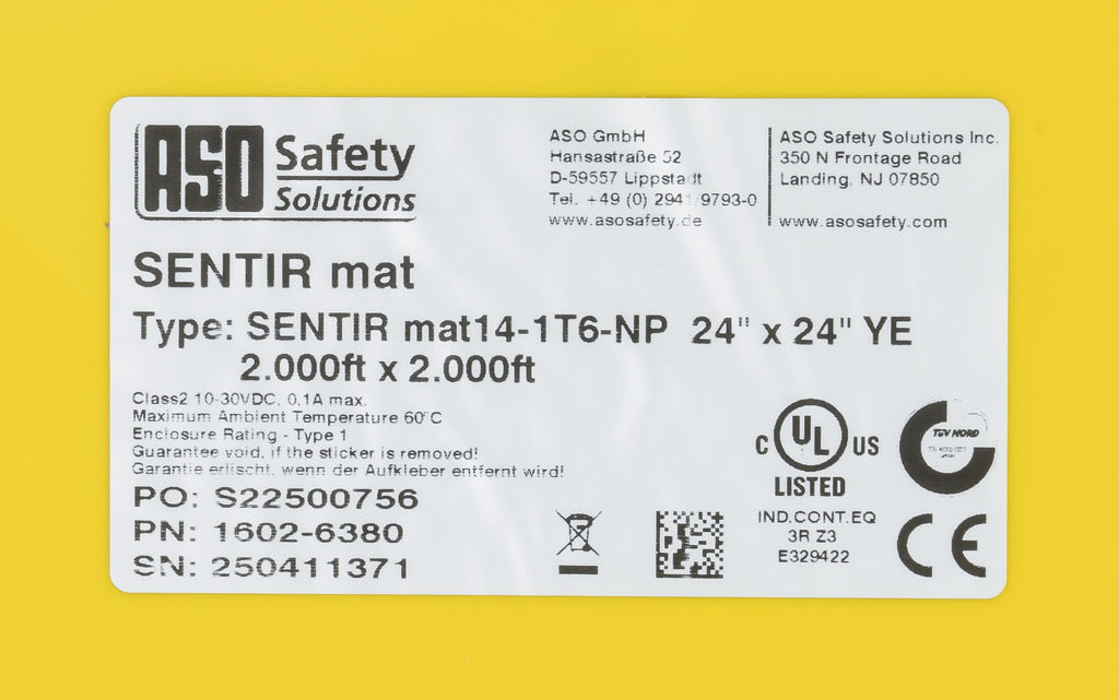 ASO Safety Solutions safety contact mat, 24 x 24in, integrated taper edge, 24 VAC/VDC operating voltage, polyurethane contact surface, yellow, IP65, 19.6ft/6m cable length, pigtail.-1602-6380