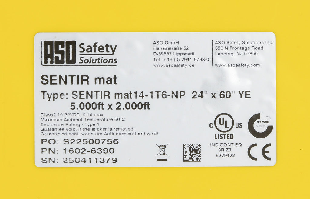 ASO Safety Solutions safety contact mat, 24 x 60in, integrated taper edge, 24 VAC/VDC operating voltage, polyurethane contact surface, yellow, IP65, 19.6ft/6m cable length, pigtail.-1602-6390