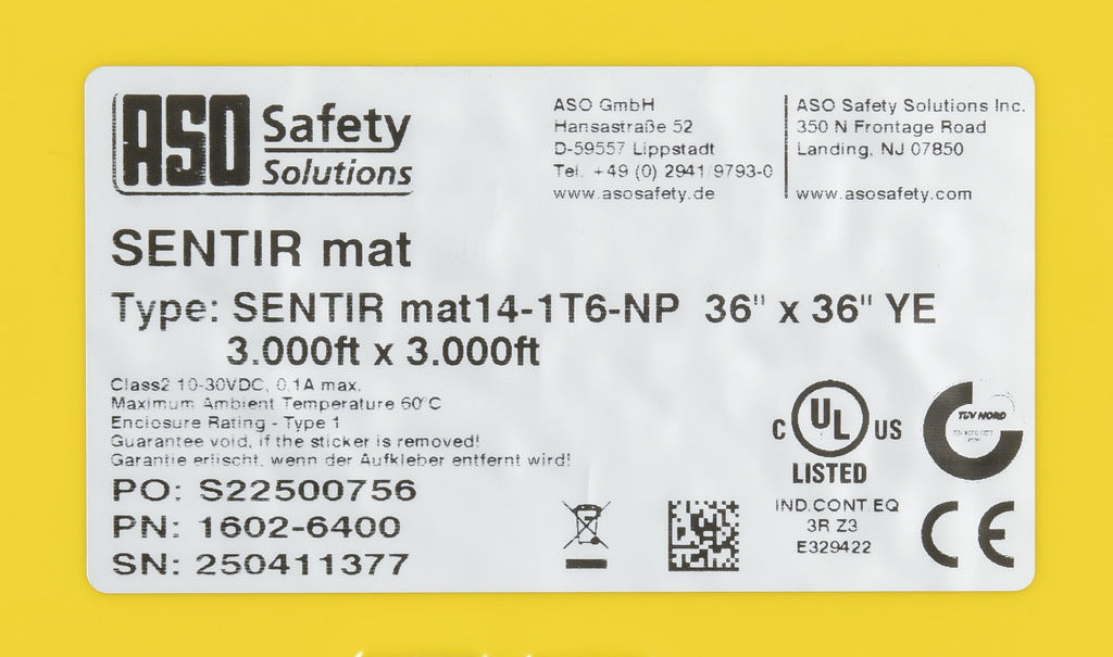 ASO Safety Solutions safety contact mat, 36 x 36in, integrated taper edge, 24 VAC/VDC operating voltage, polyurethane contact surface, yellow, IP65, 19.6ft/6m cable length, pigtail.-1602-6400