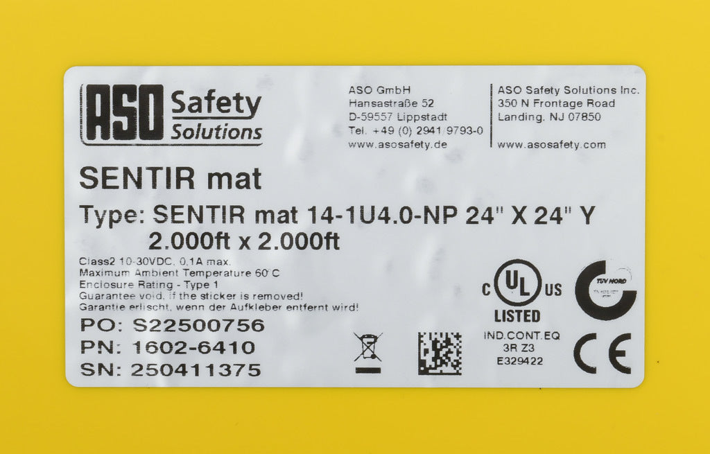 ASO Safety Solutions safety contact mat, 24 x 24in, straight edge, 24 VAC/VDC operating voltage, polyurethane contact surface, yellow, IP65, 4.7in/120mm cable length, (1) 3-pin male M8 connector and (1) 3-pin female M8 connector.-1602-6410
