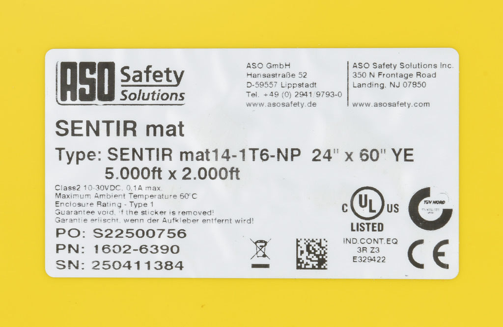 ASO Safety Solutions safety contact mat, 24 x 60in, straight edge, 24 VAC/VDC operating voltage, polyurethane contact surface, yellow, IP65, 4.7in/120mm cable length, (1) 3-pin male M8 connector and (1) 3-pin female M8 connector.-1602-6420