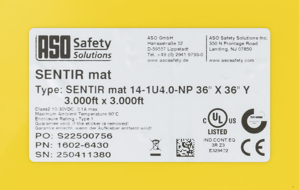 ASO Safety Solutions safety contact mat, 36 x 36in, straight edge, 24 VAC/VDC operating voltage, polyurethane contact surface, yellow, IP65, 4.7in/120mm cable length, (1) 3-pin male M8 connector and (1) 3-pin female M8 connector.-1602-6430