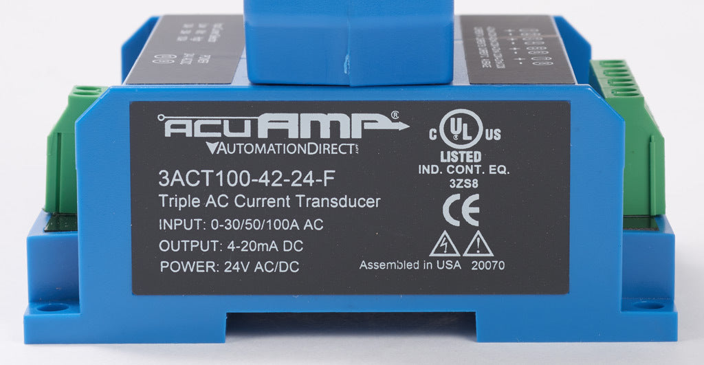 AcuAMP AC current transducer, 3-phase, fixed core, 0-30, 0-50, or 0-100A selectable sensing range, 4-20 mA output.-3ACT100-42-24-F