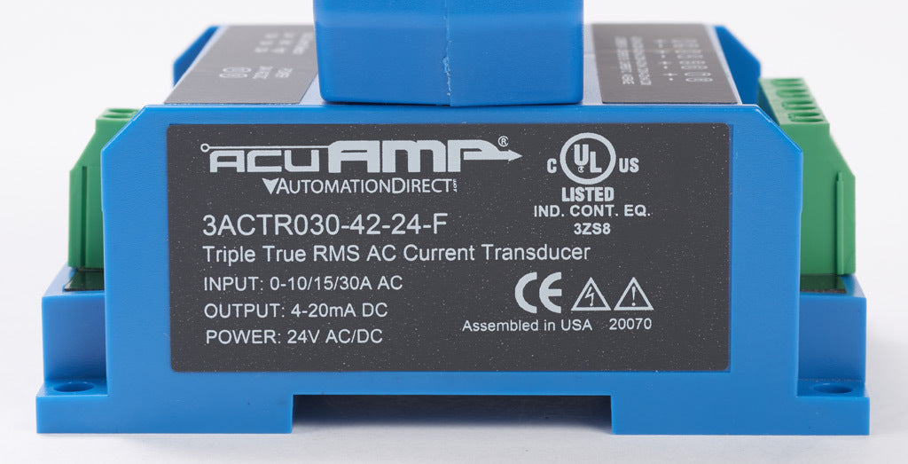AcuAMP AC current transducer, 3-phase, fixed core, 0-10, 0-15, or 0-30A selectable sensing range, True RMS, 4-20 mA output.-3ACTR030-42-24-F