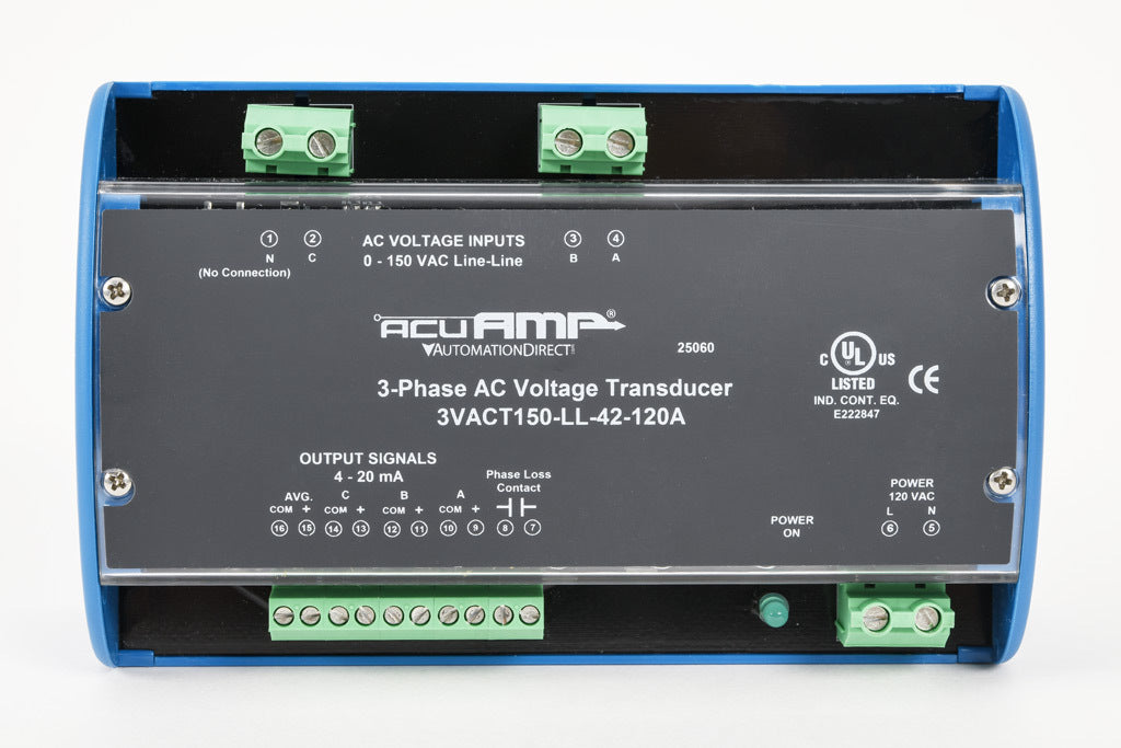 AcuAMP AC voltage transducer, 3-phase, 0-150 VAC line-to-line sensing range, True RMS, (4) 4-20 mA and (1) relay, SPST-N.O. output, 0.5A @ 125 VAC, 1A @ 30 VDC output rating, phase loss @ 90 VAC non-adjustable trip point, 120 VAC operating voltage.-3VACT150-LL-42-120A