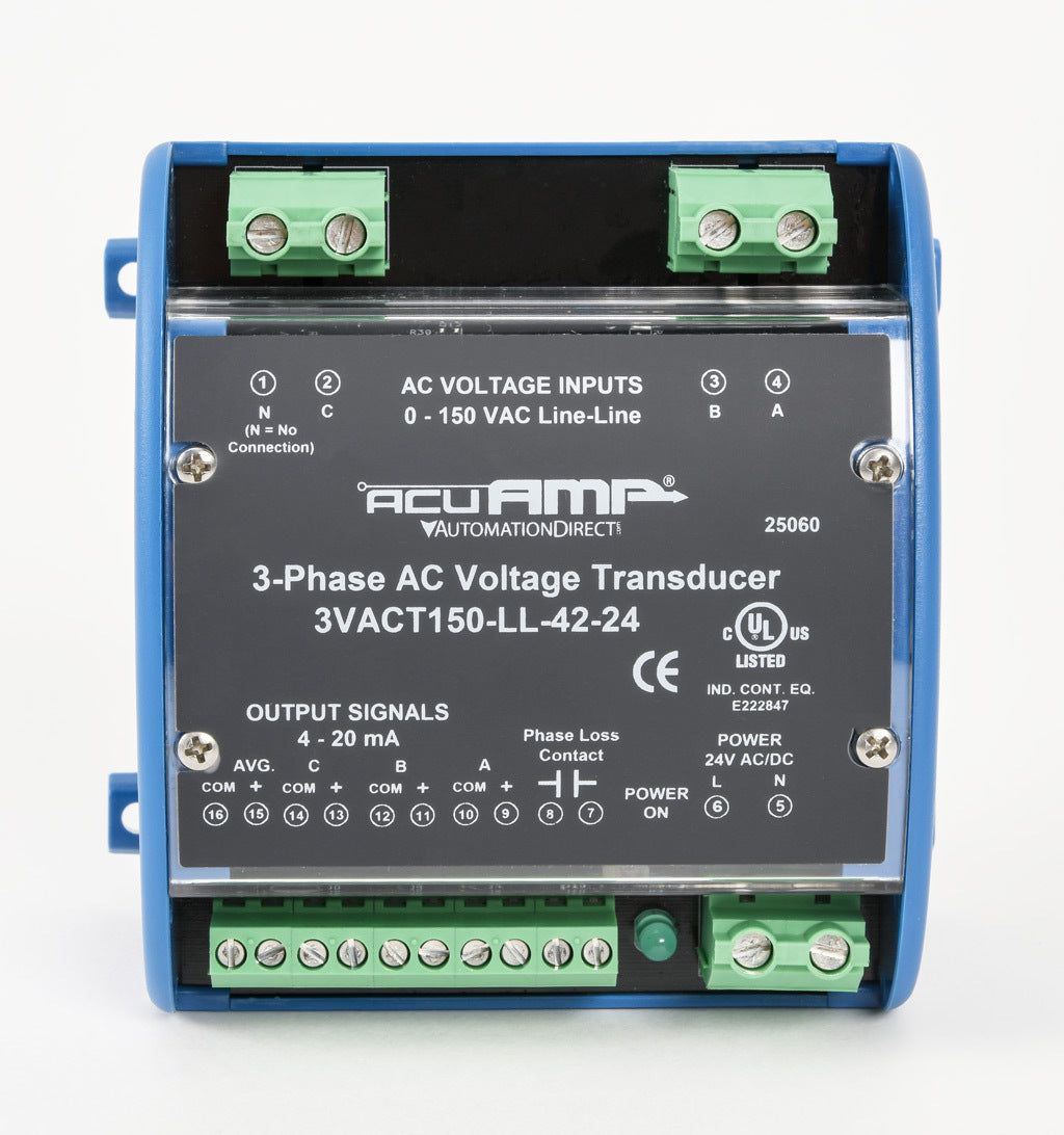 AcuAMP AC voltage transducer, 3-phase, 0-150 VAC line-to-line sensing range, True RMS, (4) 4-20 mA and (1) relay, SPST-N.O. output, 0.5A @ 125 VAC, 1A @ 30 VDC output rating, phase loss @ 90 VAC non-adjustable trip point, 24 VAC/VDC operating voltage.-3VACT150-LL-42-24