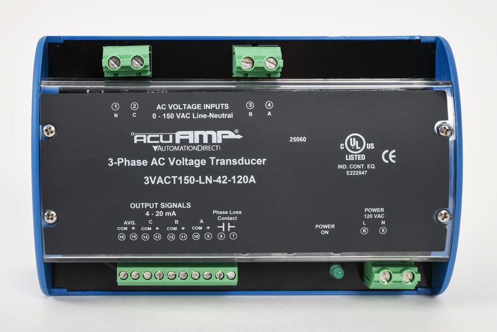 AcuAMP AC voltage transducer, 3-phase, 0-150 VAC line-to-neutral sensing range, True RMS, (4) 4-20 mA and (1) relay, SPST-N.O. output, 0.5A @ 125 VAC, 1A @ 30 VDC output rating, phase loss @ 90 VAC non-adjustable trip point, 120 VAC operating voltage.-3VACT150-LN-42-120A
