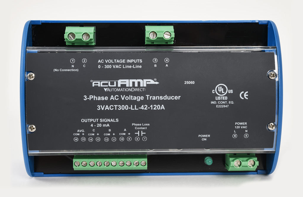 AcuAMP AC voltage transducer, 3-phase, 0-300 VAC line-to-line sensing range, True RMS, (4) 4-20 mA and (1) relay, SPST-N.O. output, 0.5A @ 125 VAC, 1A @ 30 VDC output rating, phase loss @ 180 VAC non-adjustable trip point, 120 VAC operating voltage.-3VACT300-LL-42-120A
