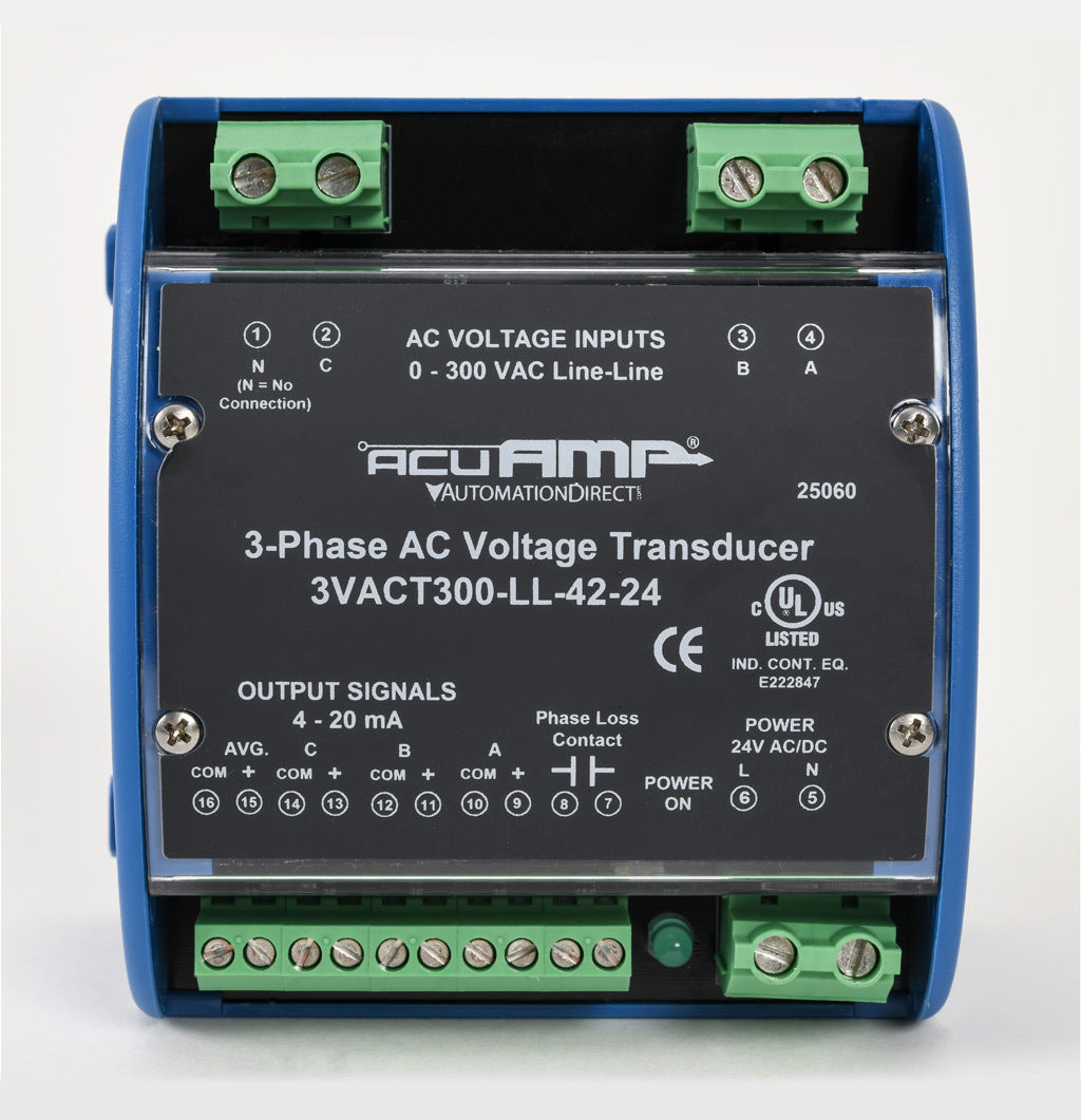 AcuAMP AC voltage transducer, 3-phase, 0-300 VAC line-to-line sensing range, True RMS, (4) 4-20 mA and (1) relay, SPST-N.O. output, 0.5A @ 125 VAC, 1A @ 30 VDC output rating, phase loss @ 180 VAC non-adjustable trip point, 24 VAC/VDC operating voltage.-3VACT300-LL-42-24