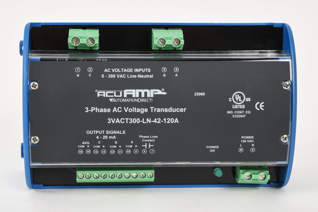 AcuAMP AC voltage transducer, 3-phase, 0-300 VAC line-to-neutral sensing range, True RMS, (4) 4-20 mA and (1) relay, SPST-N.O. output, 0.5A @ 125 VAC, 1A @ 30 VDC output rating, phase loss @ 180 VAC non-adjustable trip point, 120 VAC operating voltage.-3VACT300-LN-42-120A