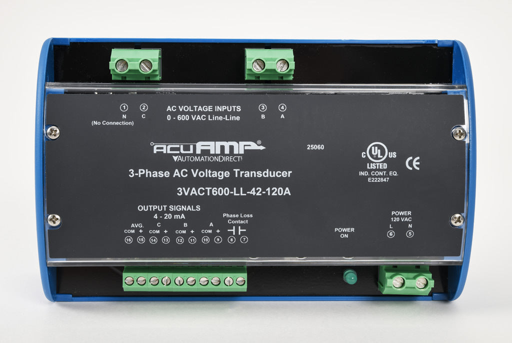 AcuAMP AC voltage transducer, 3-phase, 0-600 VAC line-to-line sensing range, True RMS, (4) 4-20 mA and (1) relay, SPST-N.O. output, 0.5A @ 125 VAC, 1A @ 30 VDC output rating, phase loss @ 360 VAC non-adjustable trip point, 120 VAC operating voltage.-3VACT600-LL-42-120A