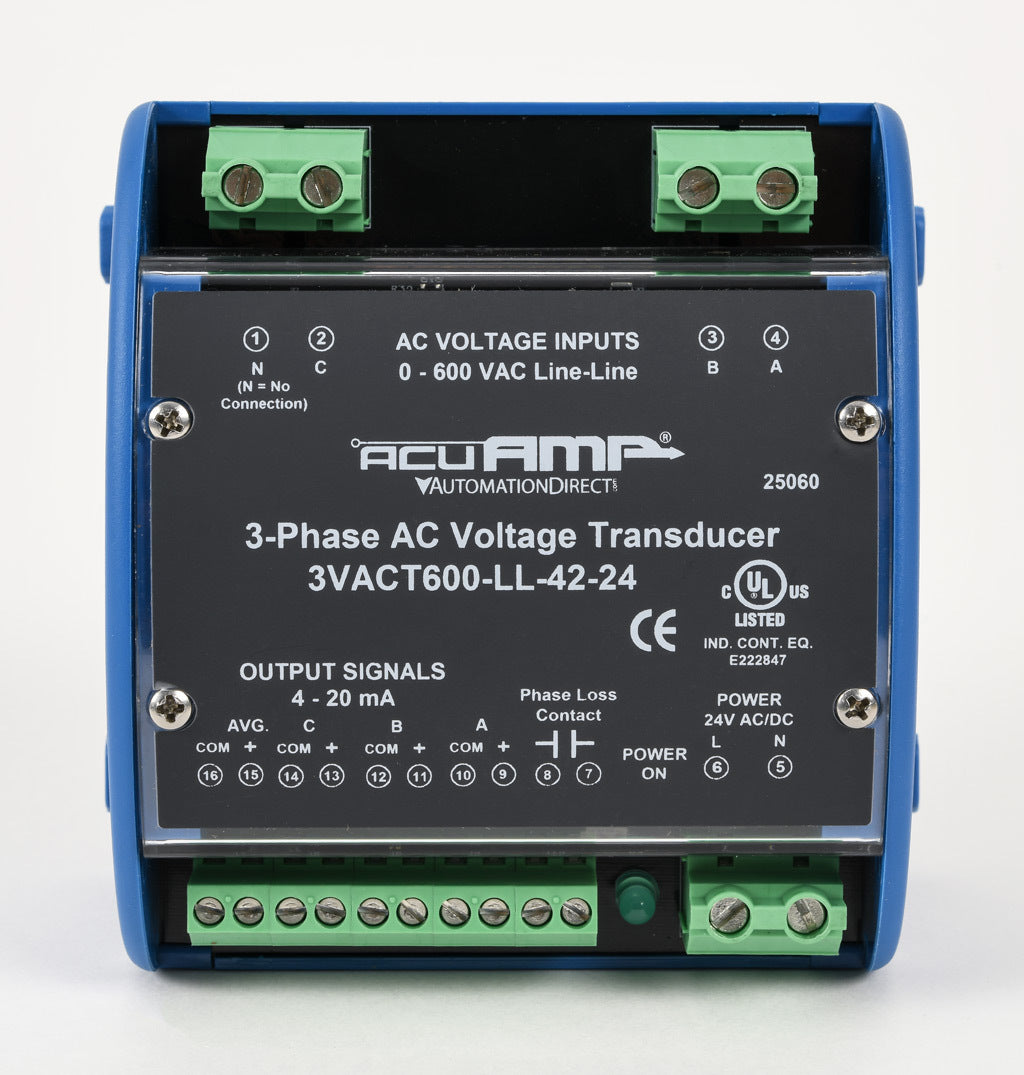 AcuAMP AC voltage transducer, 3-phase, 0-600 VAC line-to-line sensing range, True RMS, (4) 4-20 mA and (1) relay, SPST-N.O. output, 0.5A @ 125 VAC, 1A @ 30 VDC output rating, phase loss @ 360 VAC non-adjustable trip point, 24 VAC/VDC operating voltage.-3VACT600-LL-42-24