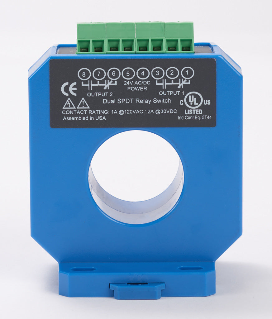 AcuAMP AC current switch, fixed core, 2-35A sensing range, (2) 2-35A adjustable trip point, (2) single-turn potentiometers, (2) SPDT relays output, 1A @ 120 VAC, 2A @ 30 VDC output rating.-ACS035-2C-24-F