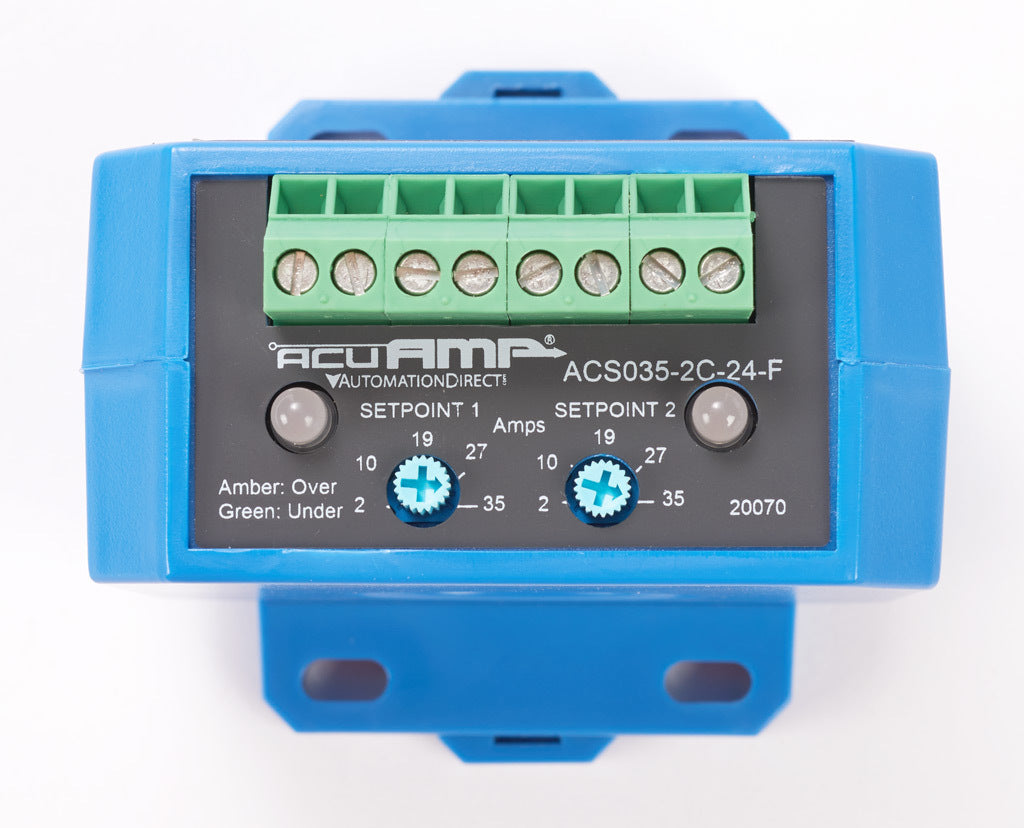 AcuAMP AC current switch, fixed core, 2-35A sensing range, (2) 2-35A adjustable trip point, (2) single-turn potentiometers, (2) SPDT relays output, 1A @ 120 VAC, 2A @ 30 VDC output rating.-ACS035-2C-24-F