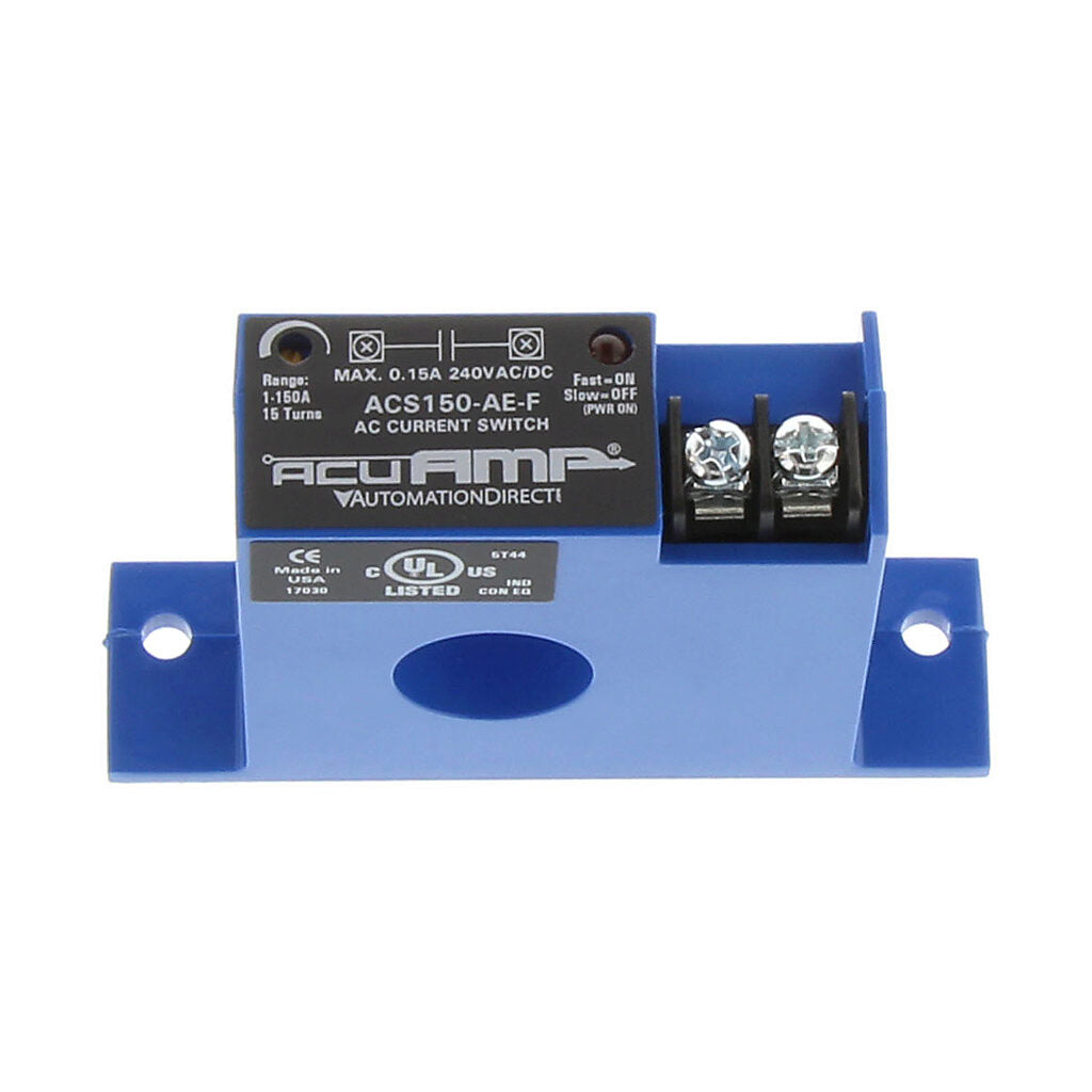 AcuAMP AC current switch, fixed core, 1-150A sensing range, 1-150A adjustable trip point, 15-turn potentiometer, solid state switch, N.O. output, 0.15A @ 240 VAC/VDC output rating.-ACS150-AE-F
