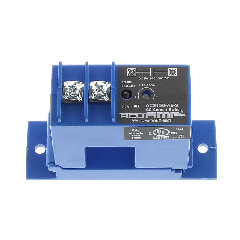AcuAMP AC current switch, split core, 1.75-150A sensing range, 1.75-150A adjustable trip point, 4-turn potentiometer, solid state switch, N.O. output, 0.15A @ 240 VAC/VDC output rating.-ACS150-AE-S
