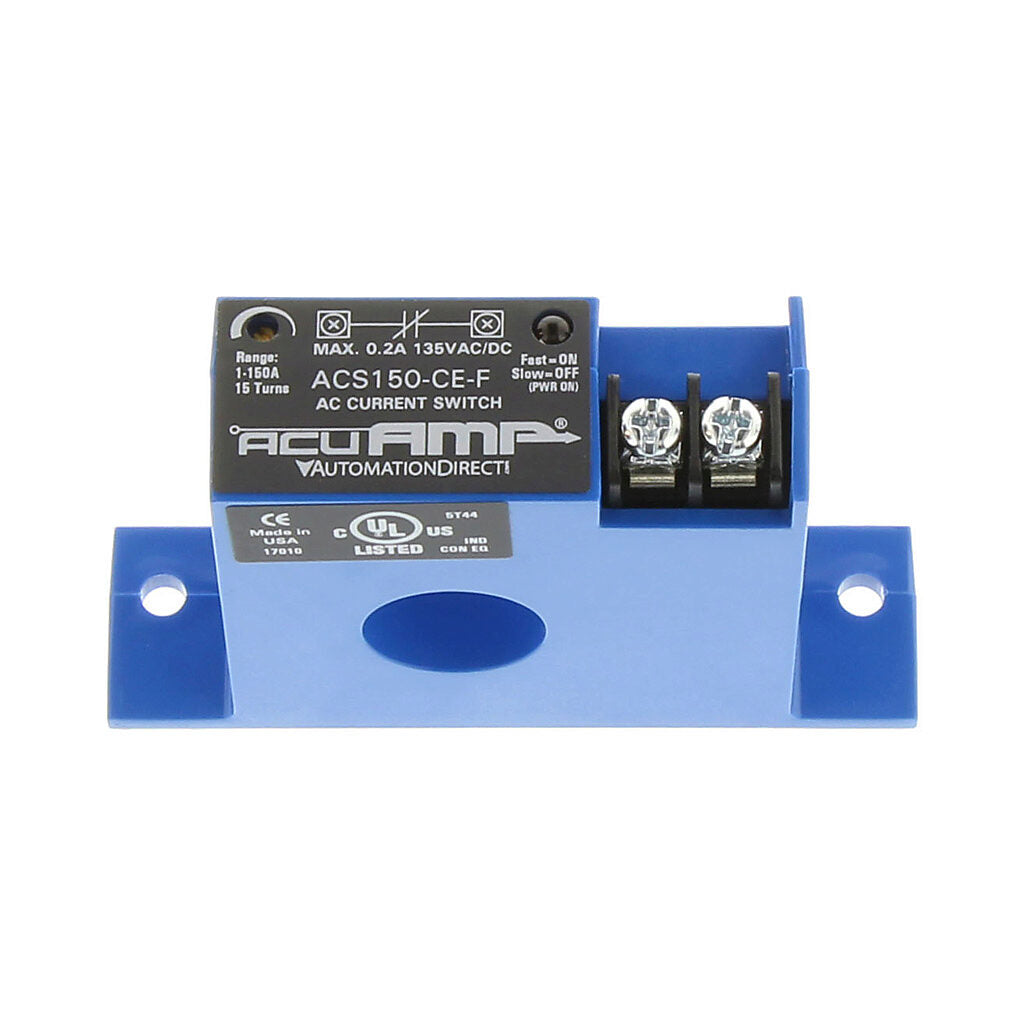 AcuAMP AC current switch, fixed core, 1-150A sensing range, 1-150A adjustable trip point, 15-turn potentiometer, solid state switch, N.C. output, 0.2A @ 135 VAC/VDC output rating.-ACS150-CE-F