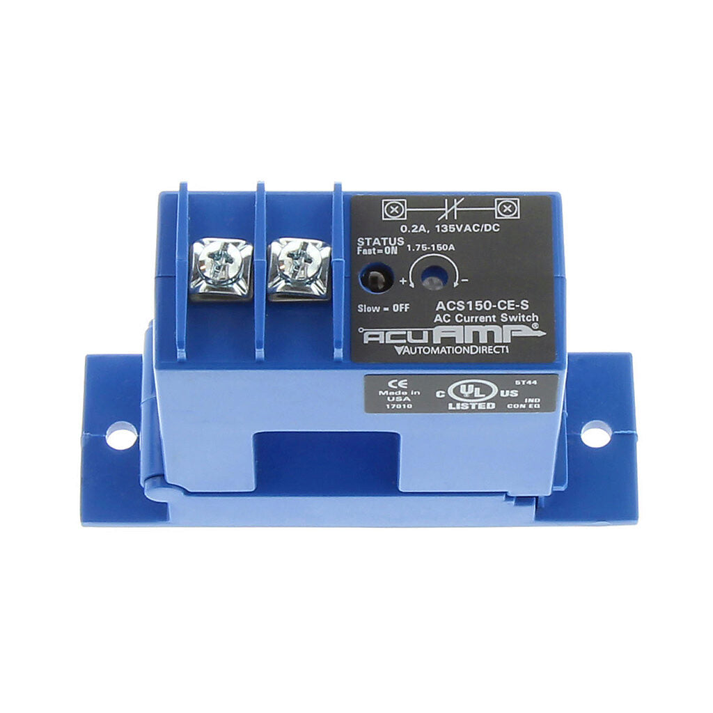 AcuAMP AC current switch, split core, 1.75-150A sensing range, 1.75-150A adjustable trip point, 4-turn potentiometer, solid state switch, N.C. output, 0.2A @ 135 VAC/VDC output rating.-ACS150-CE-S