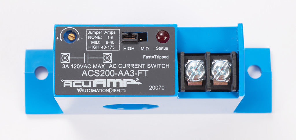AcuAMP AC current switch, fixed core, 1-6, 6-40, or 40-175A selectable sensing range, 1-175A adjustable trip point, 15-turn potentiometer, solid state switch, N.O. output, 3A @ 120 VAC output rating.-ACS200-AA3-FT