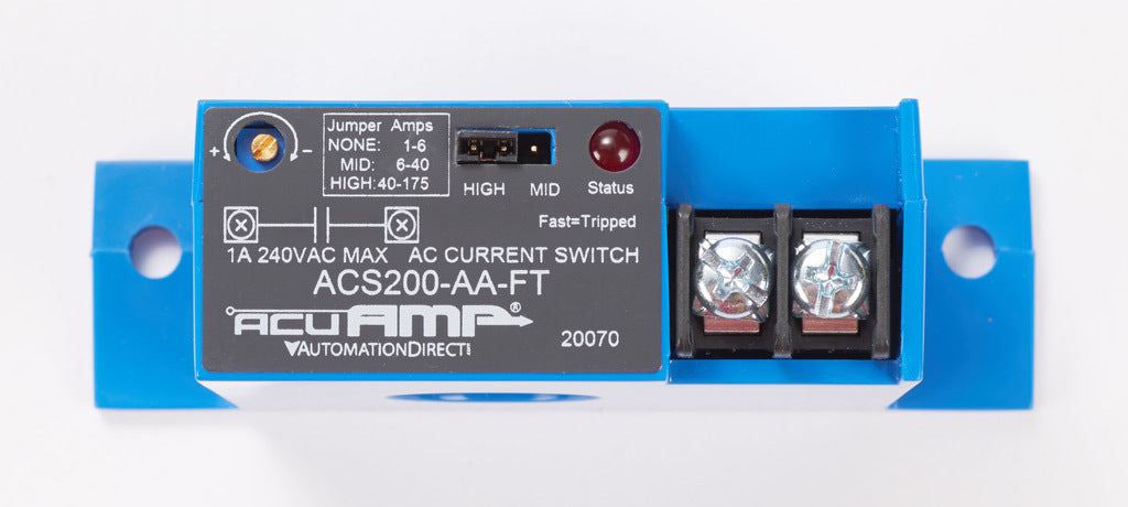 AcuAMP AC current switch, fixed core, 1-6, 6-40, or 40-175A selectable sensing range, 1-175A adjustable trip point, 15-turn potentiometer, solid state switch, N.O. output, 1A @ 240 VAC output rating.-ACS200-AA-FT