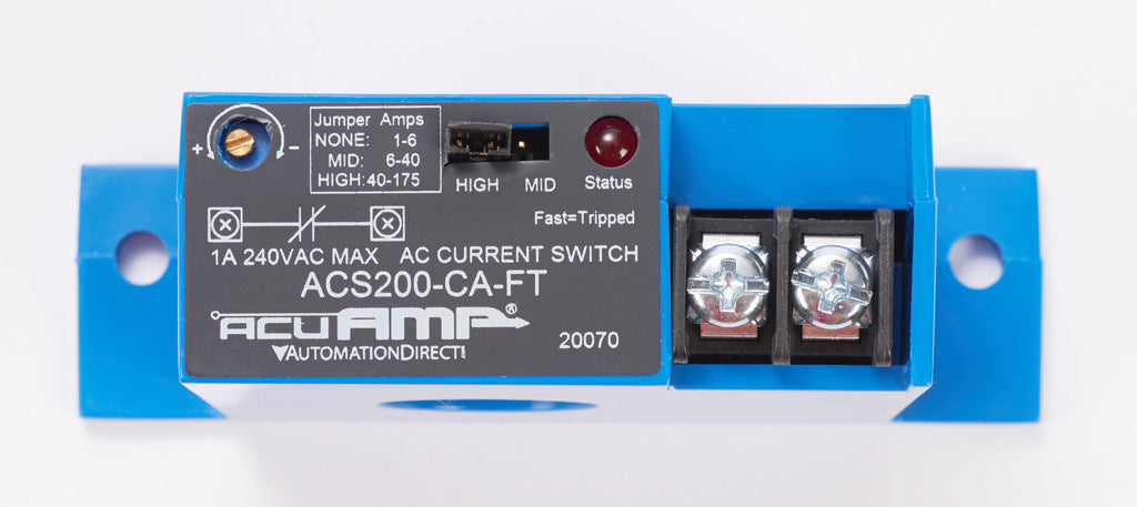 AcuAMP AC current switch, fixed core, 1-6, 6-40, or 40-175A selectable sensing range, 1-175A adjustable trip point, 15-turn potentiometer, solid state switch, N.C. output, 1A @ 240 VAC output rating.-ACS200-CA-FT