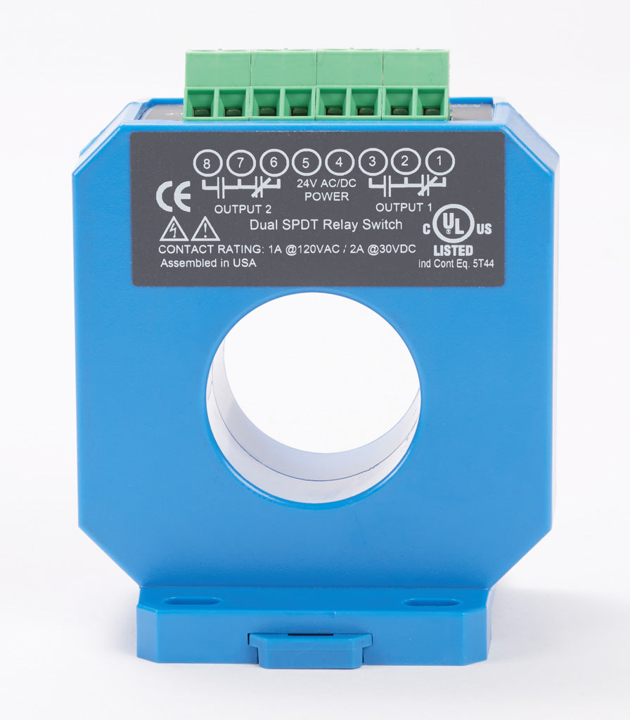 AcuAMP AC current switch, fixed core, 25-400A sensing range, (2) 25-400A adjustable trip point, (2) single-turn potentiometers, (2) SPDT relays output, 1A @ 120 VAC, 2A @ 30 VDC output rating.-ACS400-2C-24-F