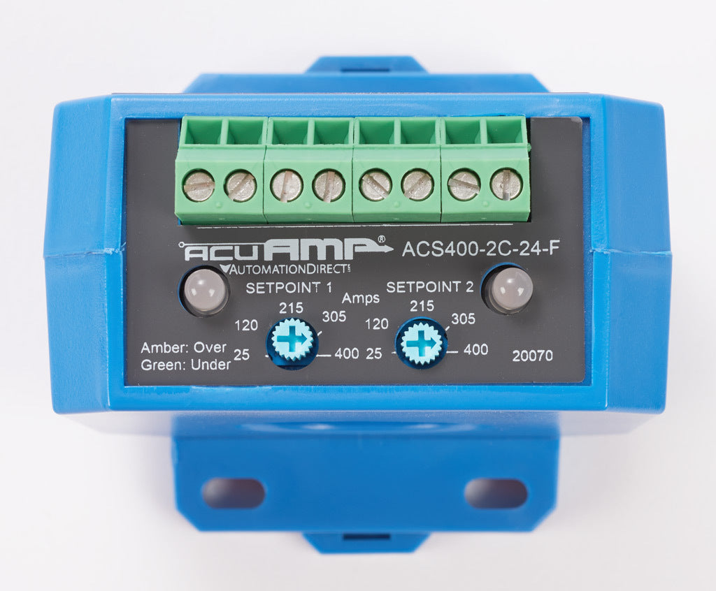 AcuAMP AC current switch, fixed core, 25-400A sensing range, (2) 25-400A adjustable trip point, (2) single-turn potentiometers, (2) SPDT relays output, 1A @ 120 VAC, 2A @ 30 VDC output rating.-ACS400-2C-24-F