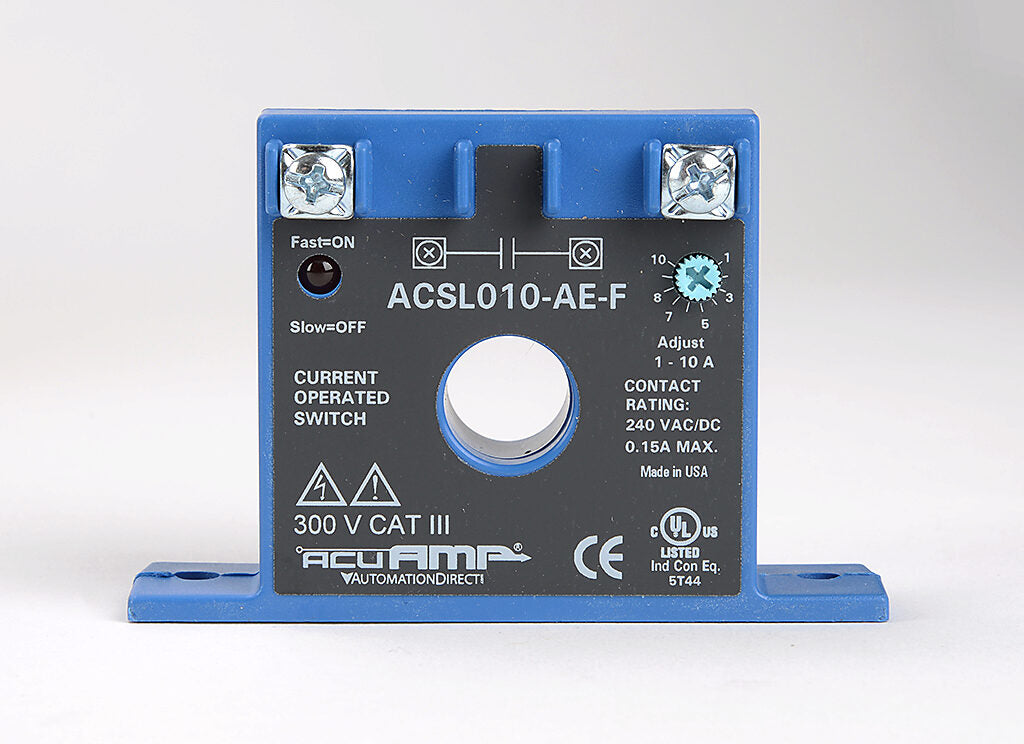 AcuAMP AC current switch, fixed core, 0-150A sensing range, 1-10A adjustable trip point, single-turn scaled potentiometer, solid state switch, N.O. output, 0.15A @ 240 VAC/VDC output rating.-ACSL010-AE-F