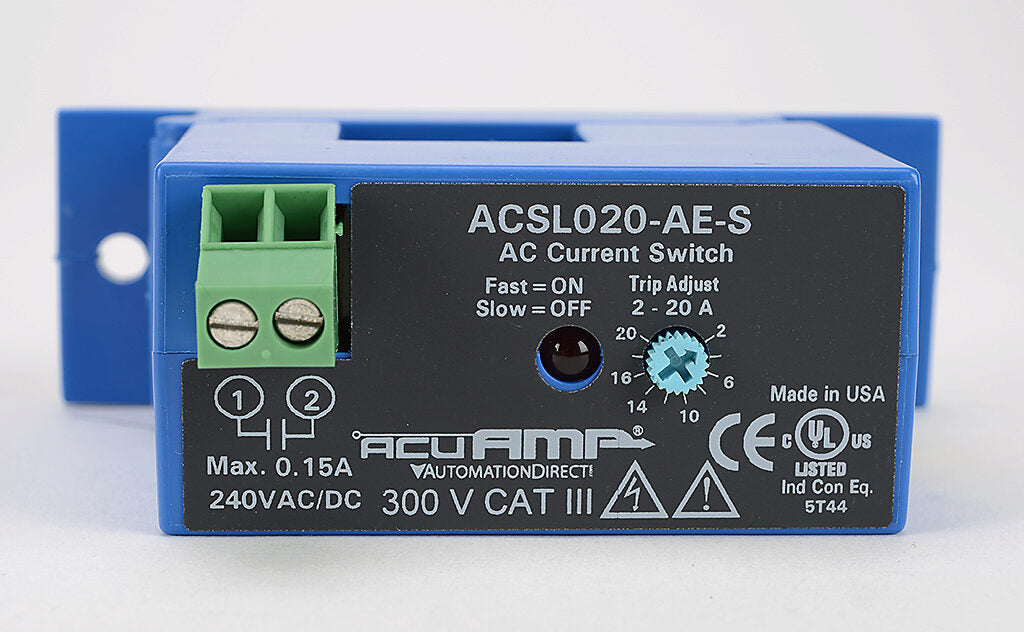AcuAMP AC current switch, split core, 0-150A sensing range, 2-20A adjustable trip point, single-turn scaled potentiometer, solid state switch, N.O. output, 0.15A @ 240 VAC/VDC output rating.-ACSL020-AE-S