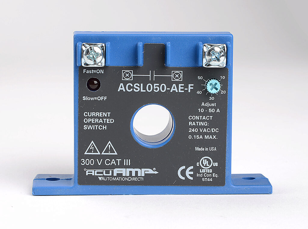 AcuAMP AC current switch, fixed core, 0-150A sensing range, 10-50A adjustable trip point, single-turn scaled potentiometer, solid state switch, N.O. output, 0.15A @ 240 VAC/VDC output rating.-ACSL050-AE-F