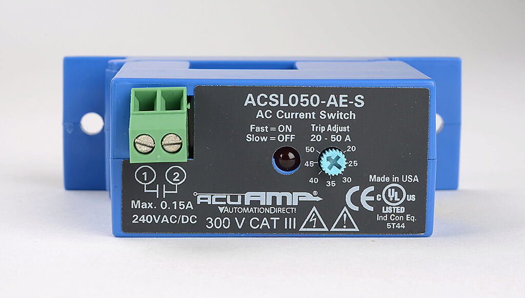AcuAMP AC current switch, split core, 0-150A sensing range, 20-50A adjustable trip point, single-turn scaled potentiometer, solid state switch, N.O. output, 0.15A @ 240 VAC/VDC output rating.-ACSL050-AE-S