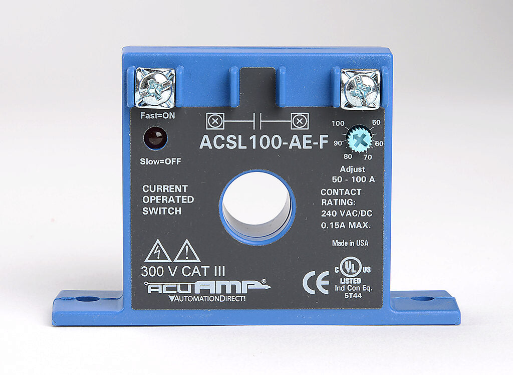 AcuAMP AC current switch, fixed core, 0-150A sensing range, 50-100A adjustable trip point, single-turn scaled potentiometer, solid state switch, N.O. output, 0.15A @ 240 VAC/VDC output rating.-ACSL100-AE-F