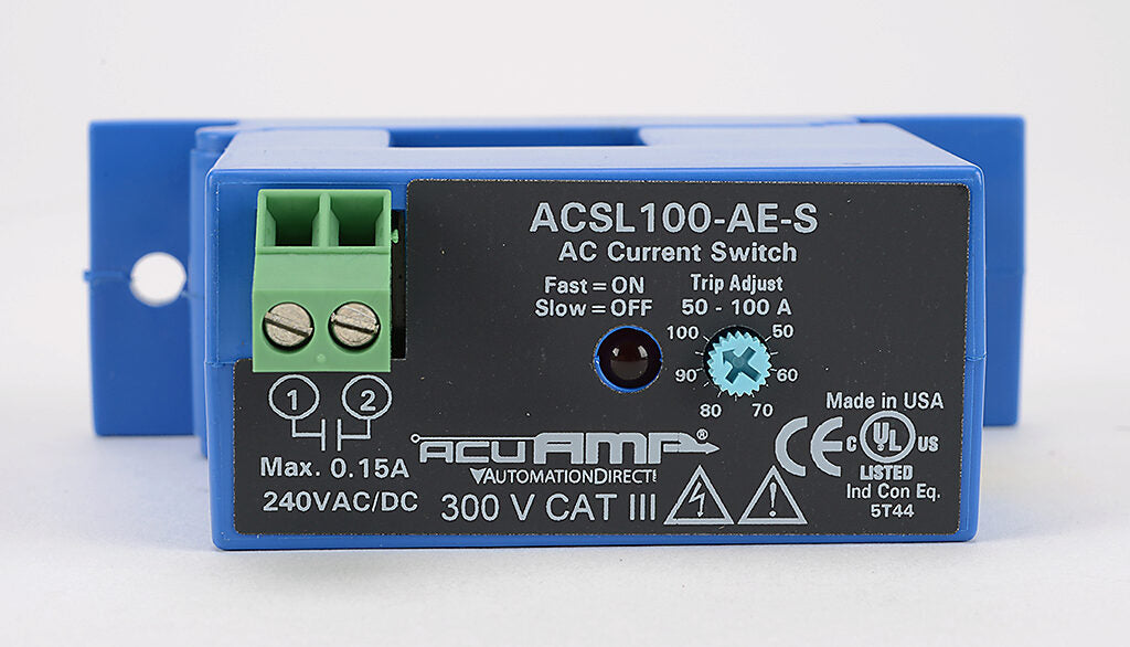 AcuAMP AC current switch, split core, 0-150A sensing range, 50-100A adjustable trip point, single-turn scaled potentiometer, solid state switch, N.O. output, 0.15A @ 240 VAC/VDC output rating.-ACSL100-AE-S