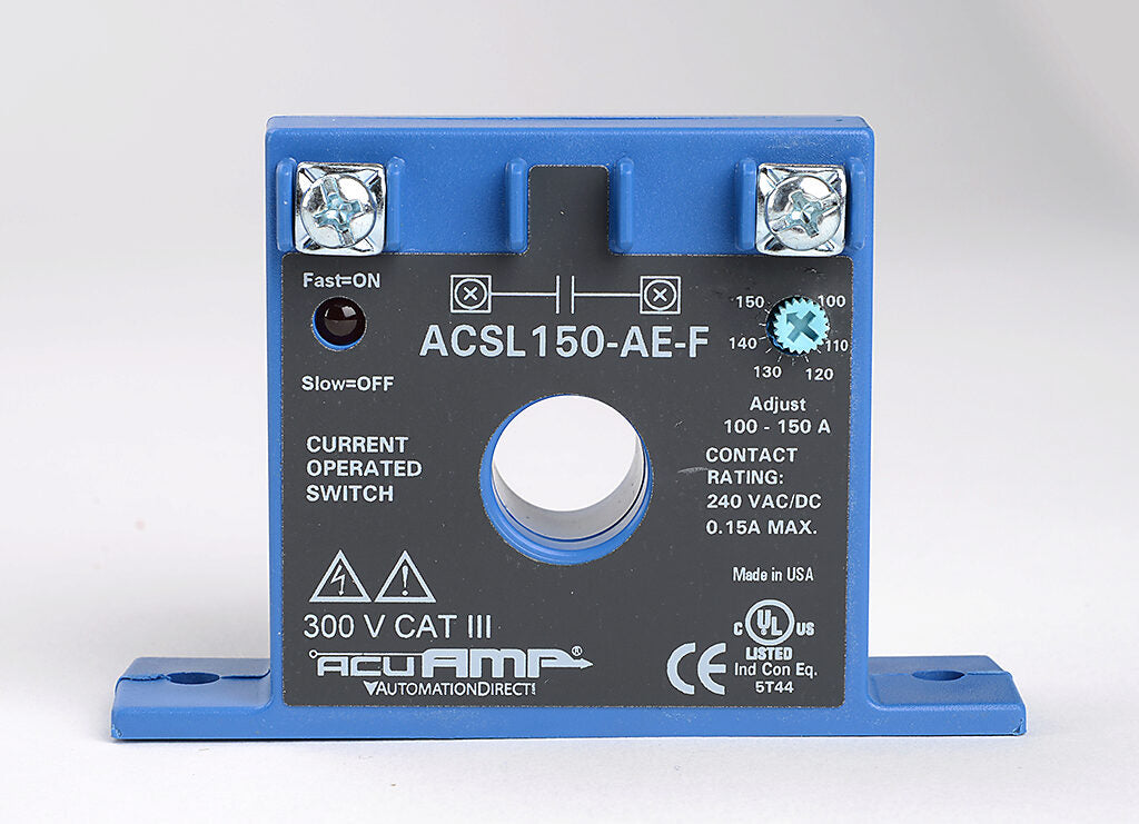 AcuAMP AC current switch, fixed core, 0-150A sensing range, 100-150A adjustable trip point, single-turn scaled potentiometer, solid state switch, N.O. output, 0.15A @ 240 VAC/VDC output rating.-ACSL150-AE-F