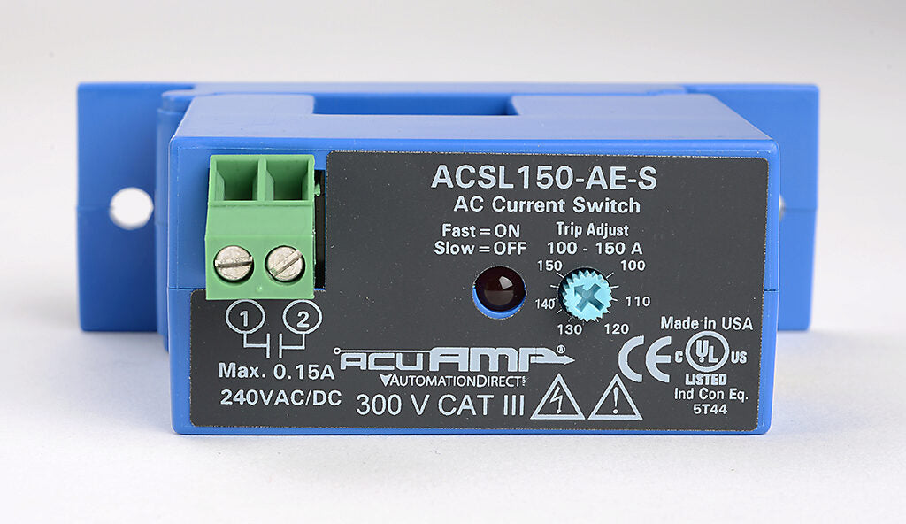 AcuAMP AC current switch, split core, 0-150A sensing range, 100-150A adjustable trip point, single-turn scaled potentiometer, solid state switch, N.O. output, 0.15A @ 240 VAC/VDC output rating.-ACSL150-AE-S