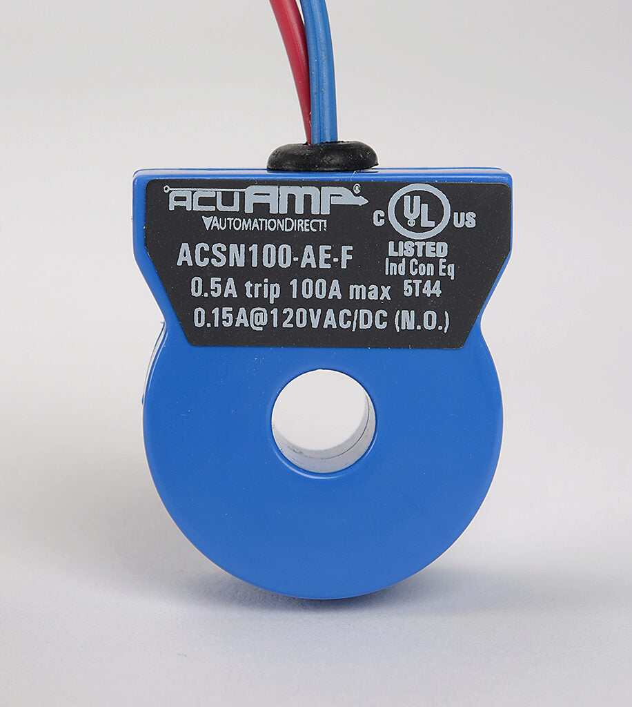 AcuAMP AC current switch, fixed core, 0-100A sensing range, 0.5A non-adjustable trip point, solid state switch, N.O. output, 0.15A @ 120 VAC/VDC output rating.-ACSN100-AE-F