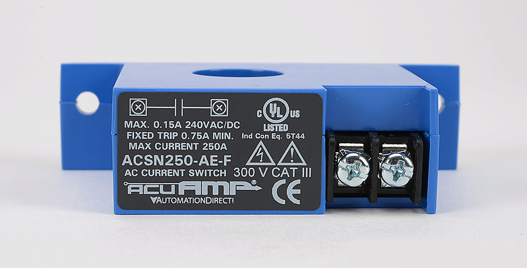 AcuAMP AC current switch, fixed core, 0-250A sensing range, 0.75A non-adjustable trip point, solid state switch, N.O. output, 0.15A @ 240 VAC/VDC output rating.-ACSN250-AE-F