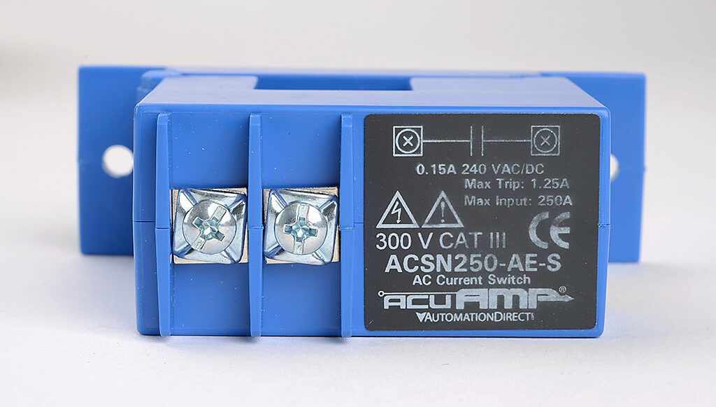 AcuAMP AC current switch, split core, 0-250A sensing range, 1.25A non-adjustable trip point, solid state switch, N.O. output, 0.15A @ 240 VAC/VDC output rating.-ACSN250-AE-S
