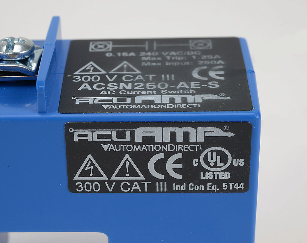 AcuAMP AC current switch, split core, 0-250A sensing range, 1.25A non-adjustable trip point, solid state switch, N.O. output, 0.15A @ 240 VAC/VDC output rating.-ACSN250-AE-S
