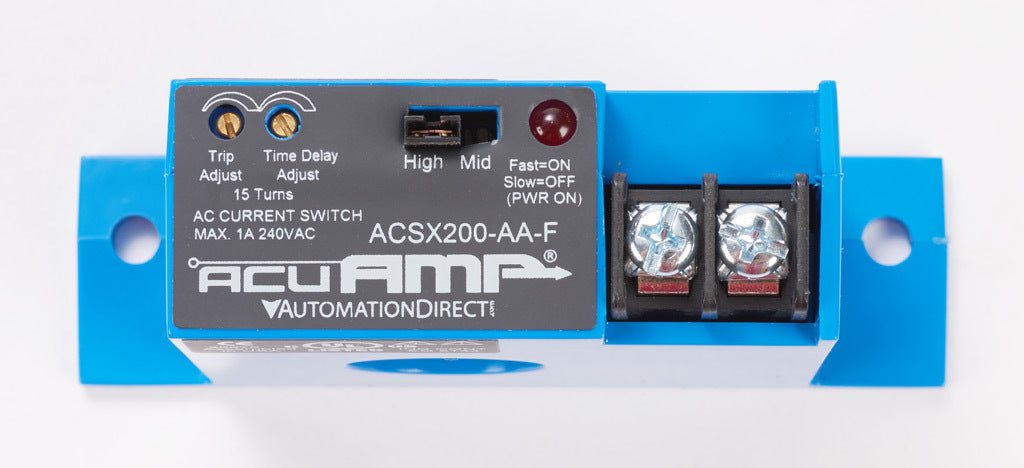 AcuAMP AC current switch, fixed core, 1.5-12, 12-55, or 50-175A selectable sensing range, 1.5-175A adjustable trip point, 15-turn potentiometer, solid state switch, N.O., adjustable time delay output, 1A @ 240 VAC output rating.-ACSX200-AA-F