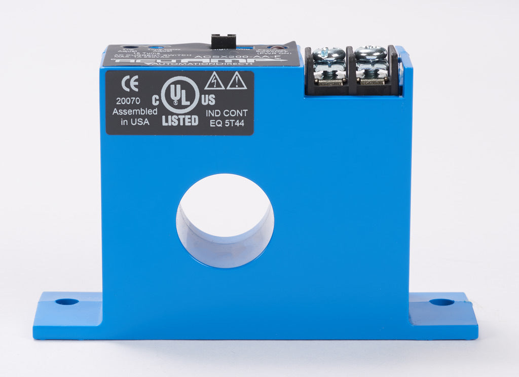 AcuAMP AC current switch, fixed core, 1.5-12, 12-55, or 50-175A selectable sensing range, 1.5-175A adjustable trip point, 15-turn potentiometer, solid state switch, N.O., adjustable time delay output, 1A @ 240 VAC output rating.-ACSX200-AA-F