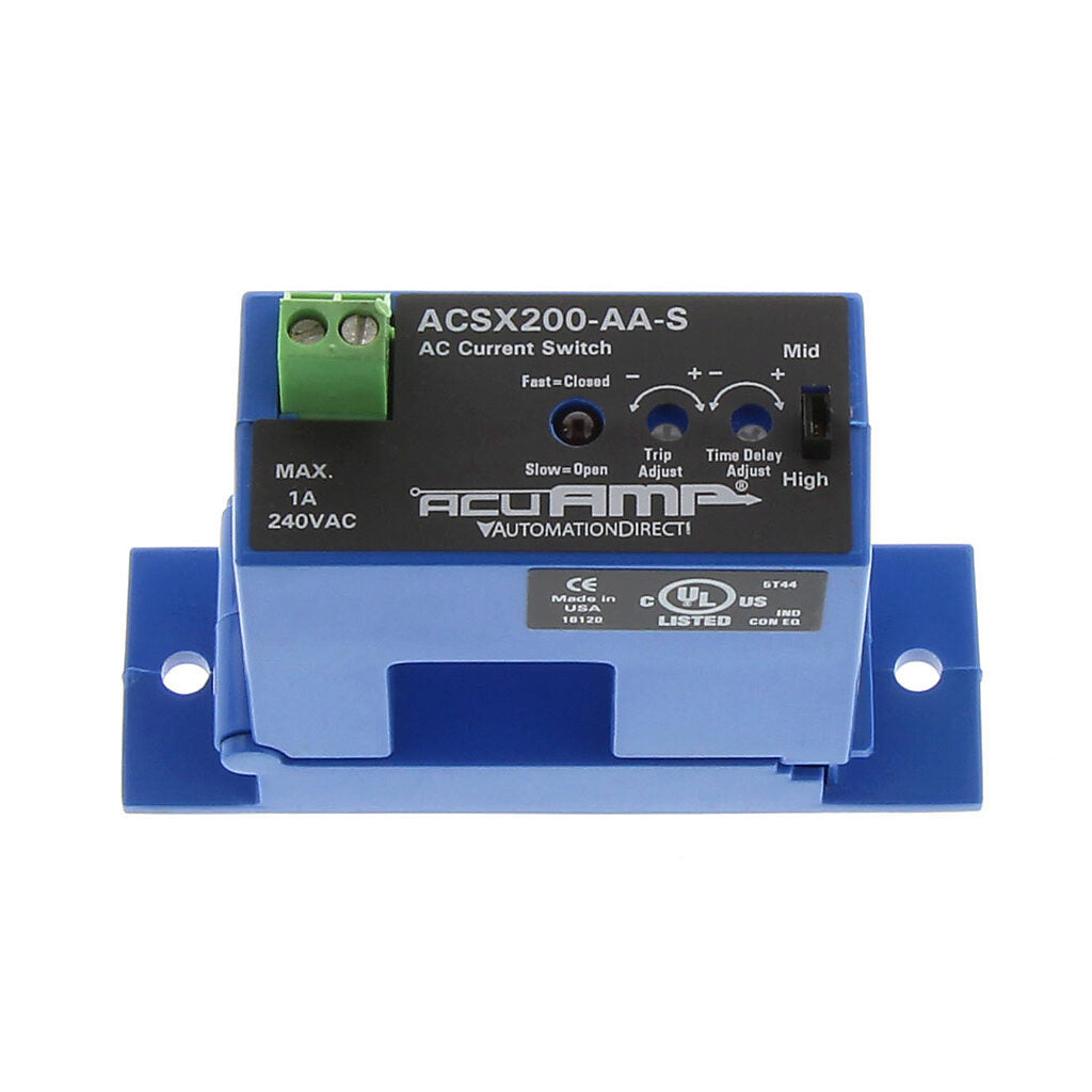 AcuAMP AC current switch, split core, 2-12, 12-55, or 55-200A selectable sensing range, 2-200A adjustable trip point, 4-turn potentiometer, solid state switch, N.O., adjustable time delay output, 1A @ 240 VAC output rating.-ACSX200-AA-S