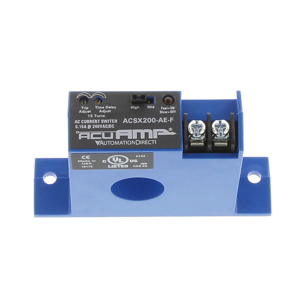 AcuAMP AC current switch, fixed core, 1.5-12, 12-55, or 55-175A selectable sensing range, 1.5-175A adjustable trip point, 15-turn potentiometer, solid state switch, N.O., adjustable time delay output, 0.15A @ 240 VAC/VDC output rating.-ACSX200-AE-F