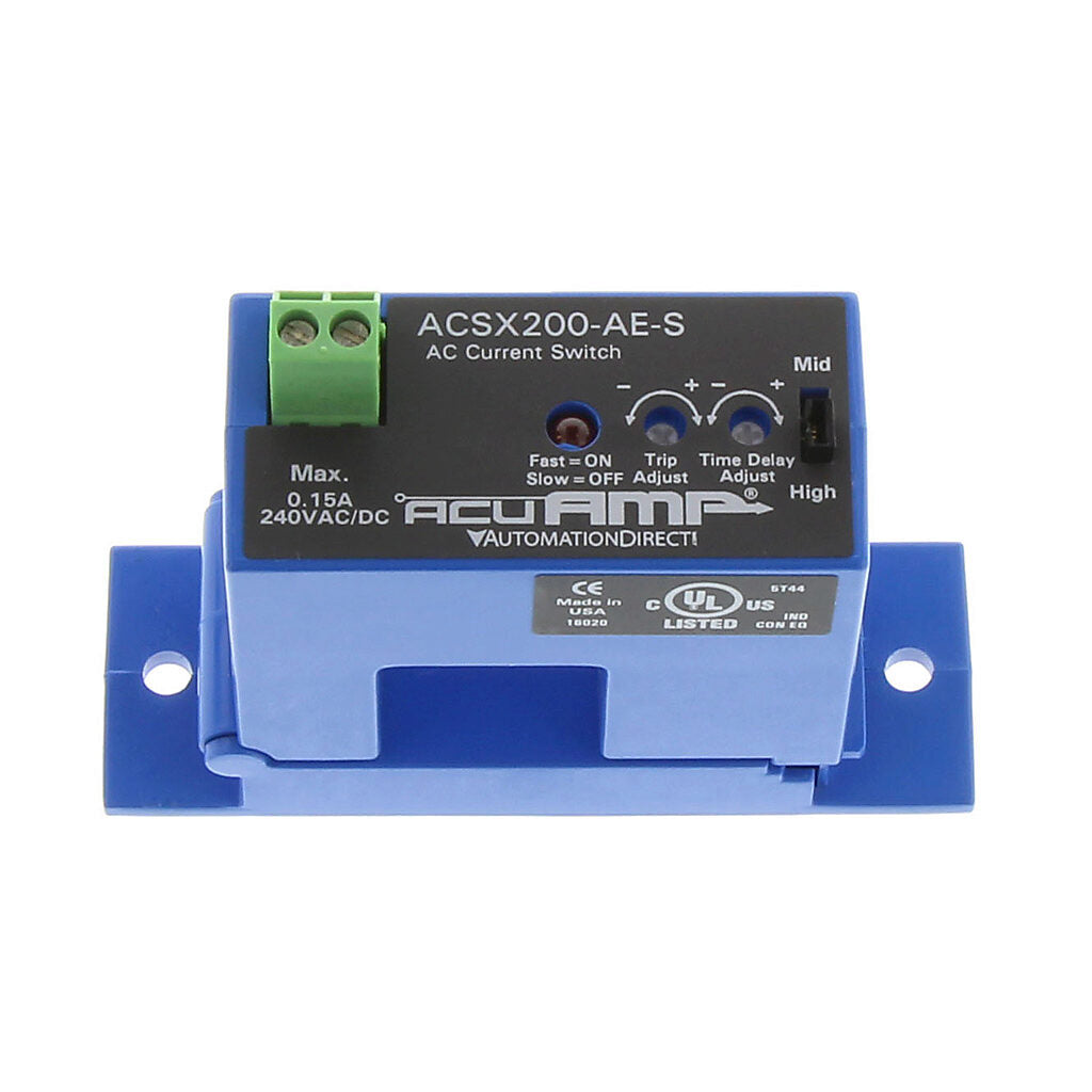 AcuAMP AC current switch, split core, 2-12, 12-55, or 55-200A selectable sensing range, 2-200A adjustable trip point, 4-turn potentiometer, solid state switch, N.O., adjustable time delay output, 0.15A @ 240 VAC/VDC output rating.-ACSX200-AE-S